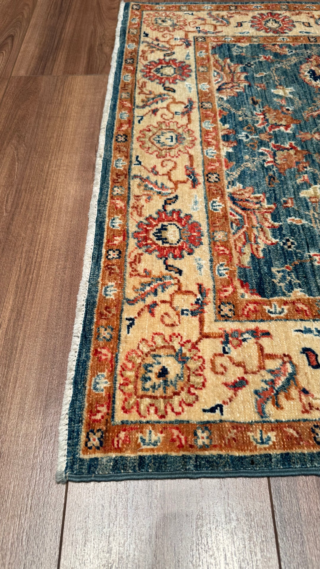 Uşak Original Hand Woven Cream Blue Vegetable Dyed Wool Carpet 0.96x157 1.51 Square Meters - 3x5 ft