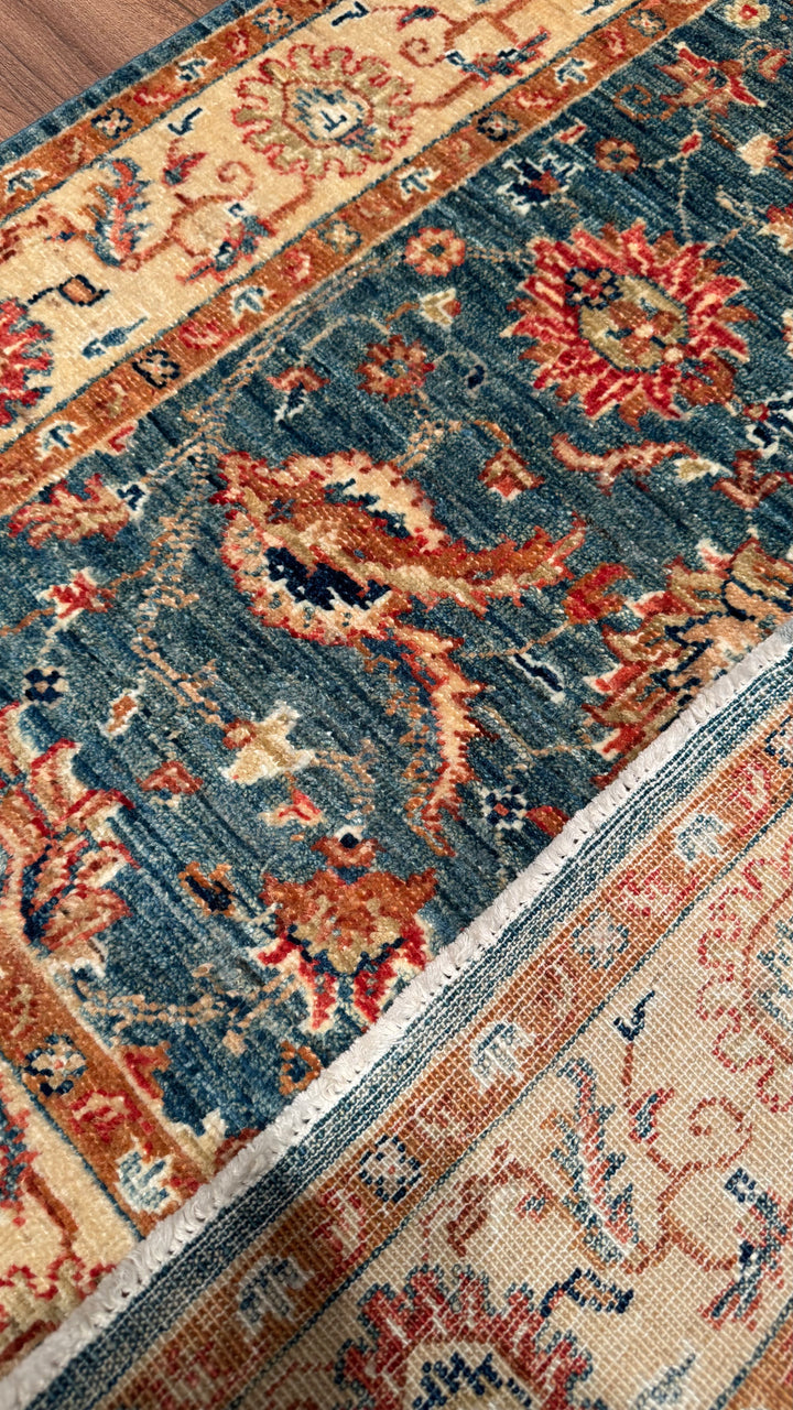 Uşak Original Hand Woven Cream Blue Vegetable Dyed Wool Carpet 0.96x157 1.51 Square Meters - 3x5 ft