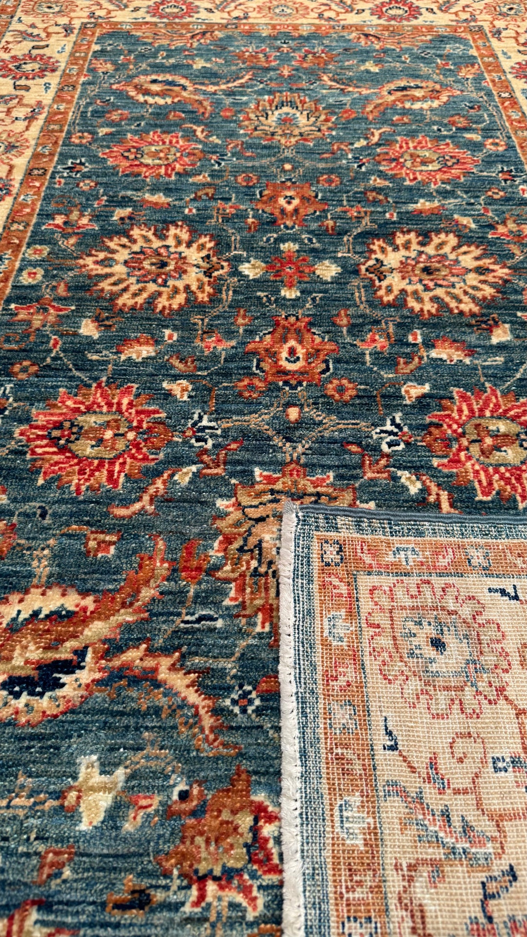 Uşak Original Hand Woven Cream Blue Vegetable Dyed Wool Carpet 0.96x157 1.51 Square Meters - 3x5 ft