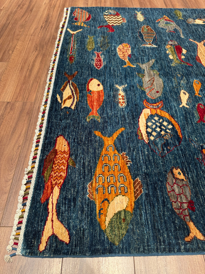 Balık Orijinal El Dokuması Mavi Kök Boya Yün Halı 152x203 3.09 Metrekare - 5x7 ft