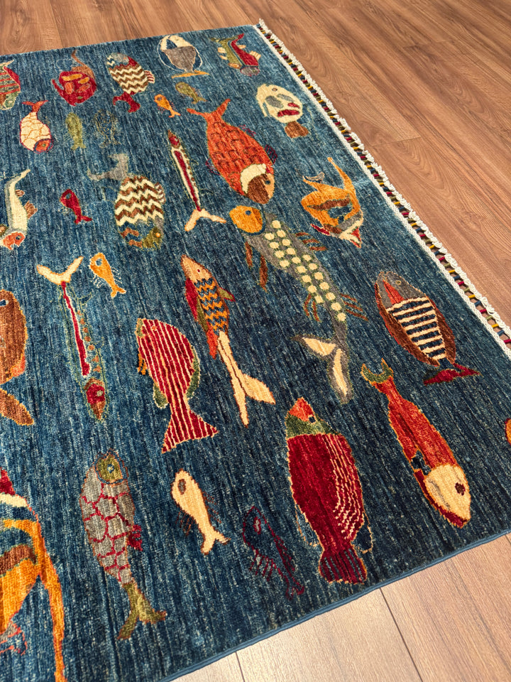 Balık Orijinal El Dokuması Mavi Kök Boya Yün Halı 152x203 3.09 Metrekare - 5x7 ft