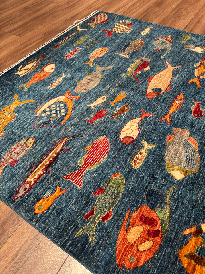 Balık Orijinal El Dokuması Mavi Kök Boya Yün Halı 152x203 3.09 Metrekare - 5x7 ft