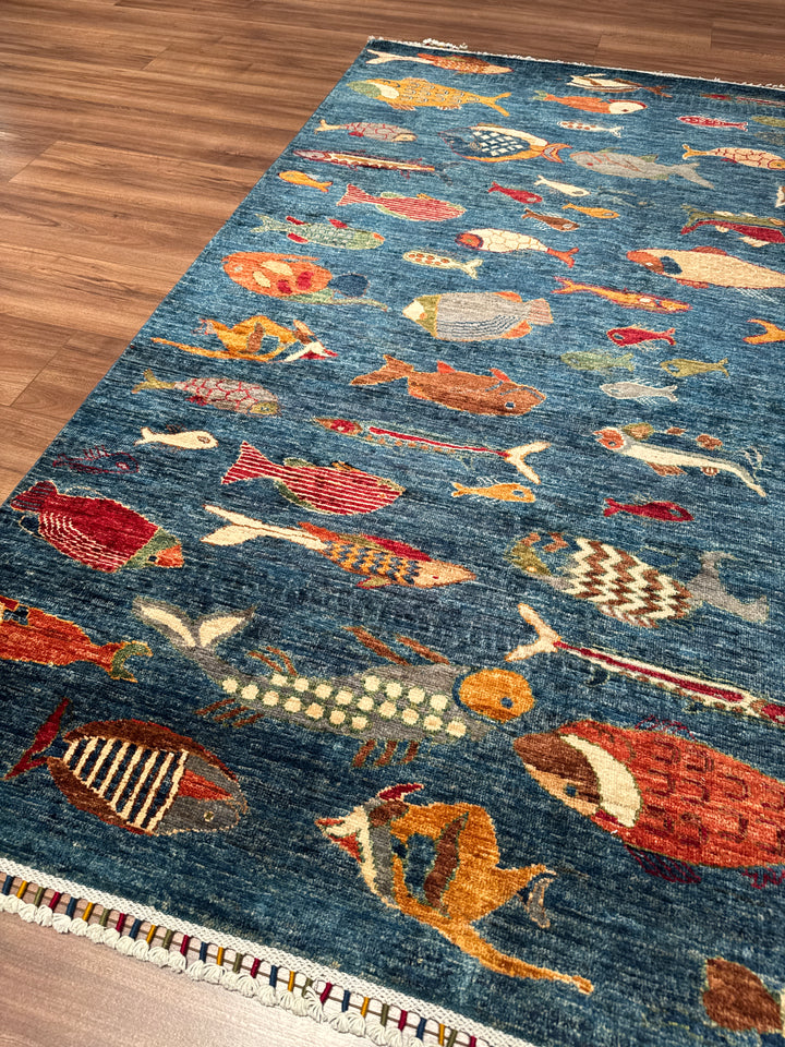 Balık Orijinal El Dokuması Mavi Kök Boya Yün Halı 152x203 3.09 Metrekare - 5x7 ft