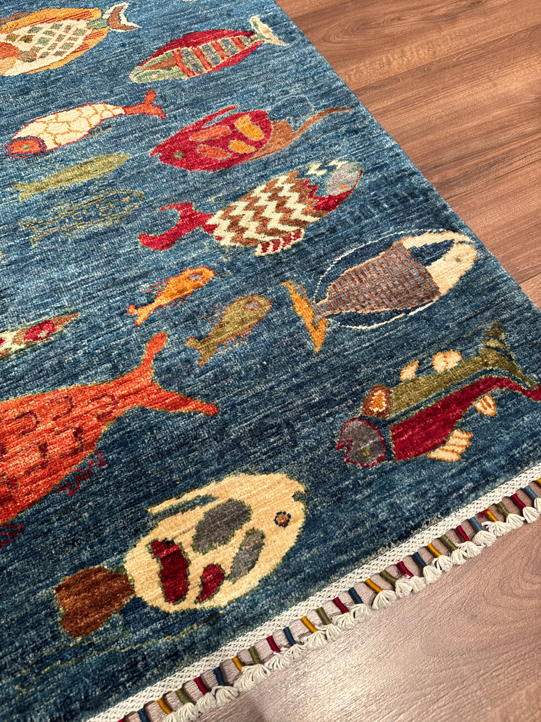 Balık Orijinal El Dokuması Mavi Kök Boya Yün Halı 152x203 3.09 Metrekare - 5x7 ft