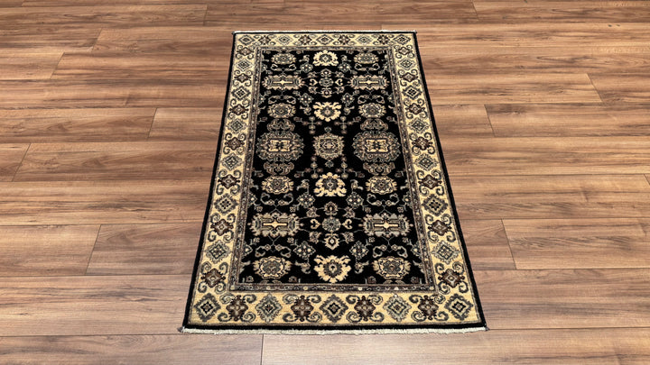 Uşak Original Hand Woven Cream Black Vegetable Dyed Wool Carpet 0.87x148 1.29 Square Meters - 3x5 ft