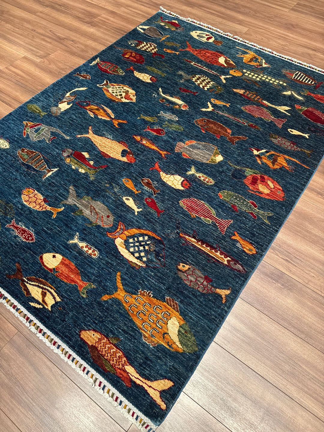 Balık Orijinal El Dokuması Mavi Kök Boya Yün Halı 152x203 3.09 Metrekare - 5x7 ft
