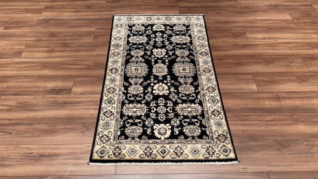 Uşak Original Hand Woven Cream Black Vegetable Dyed Wool Carpet 0.87x148 1.29 Square Meters - 3x5 ft