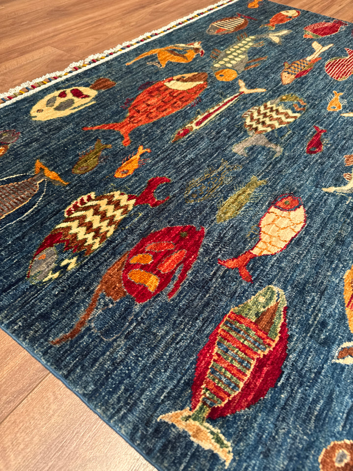 Balık Orijinal El Dokuması Mavi Kök Boya Yün Halı 152x203 3.09 Metrekare - 5x7 ft