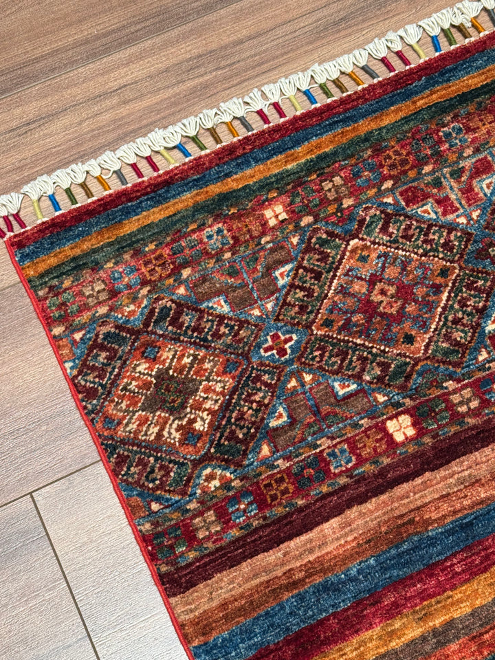 سجادة صوف خورجين الأصلية، منسوجة يدويًا، متعددة الجذور، 0.80×126، 1.01 متر مربع - 3×4 قدم 