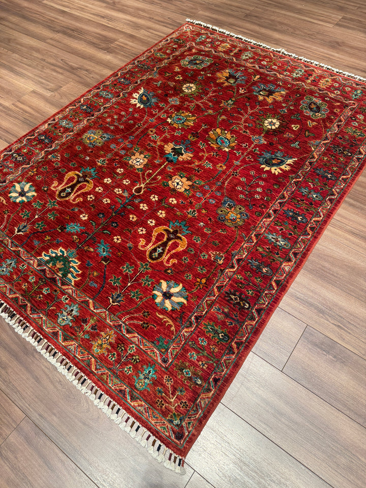 Sultani Çiçekli Orijinal El Dokuması Kırmızı Kök Boya Yün Halı 149x202 3.01 Metrekare - 5x6 ft