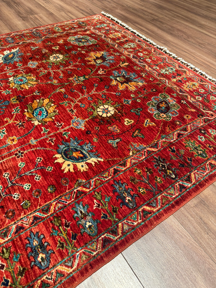 Sultani Çiçekli Orijinal El Dokuması Kırmızı Kök Boya Yün Halı 149x202 3.01 Metrekare - 5x6 ft