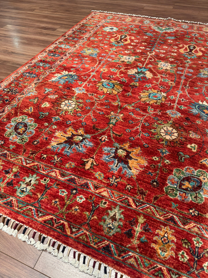 Sultani Çiçekli Orijinal El Dokuması Kırmızı Kök Boya Yün Halı 149x202 3.01 Metrekare - 5x6 ft