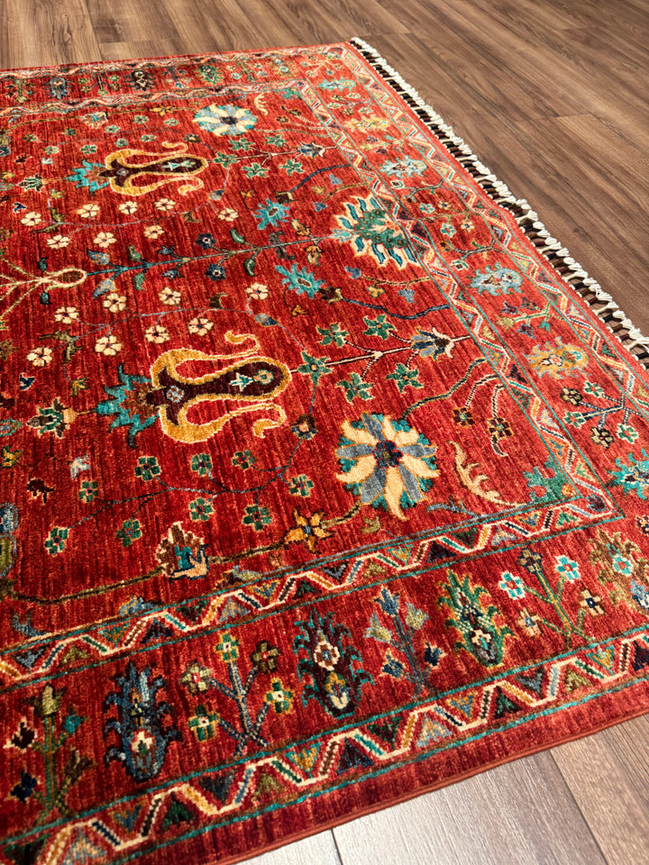 Sultani Çiçekli Orijinal El Dokuması Kırmızı Kök Boya Yün Halı 149x202 3.01 Metrekare - 5x6 ft