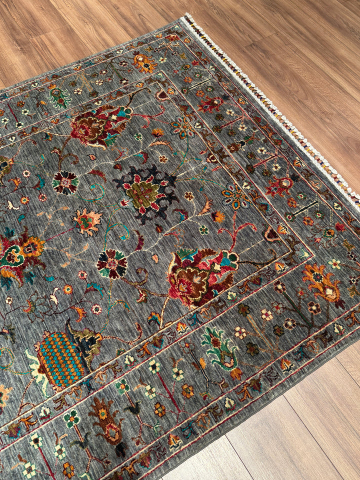Sultani Binbirgece Orijinal El Dokuması Gri Kök Boya Yün Halı 149x202 3.01 Metrekare - 5x6 ft