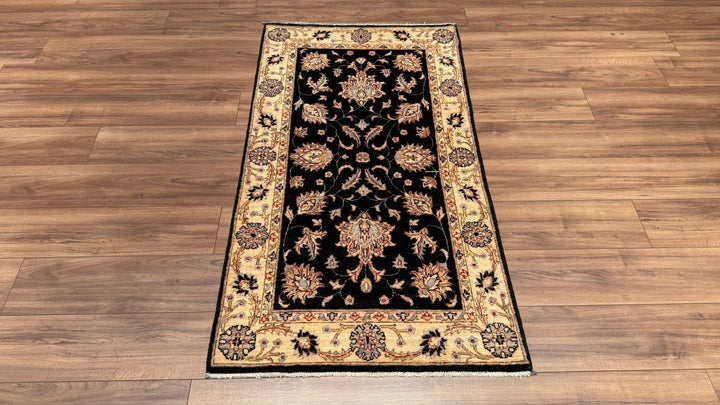 Uşak Original Hand Woven Cream Black Vegetable Dyed Wool Carpet 0.86x159 1.37 Square Meters - 3x5 ft