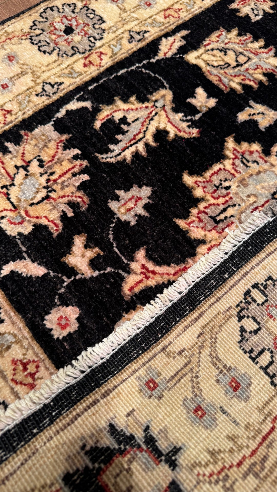 Uşak Original Hand Woven Cream Black Vegetable Dyed Wool Carpet 0.86x159 1.37 Square Meters - 3x5 ft