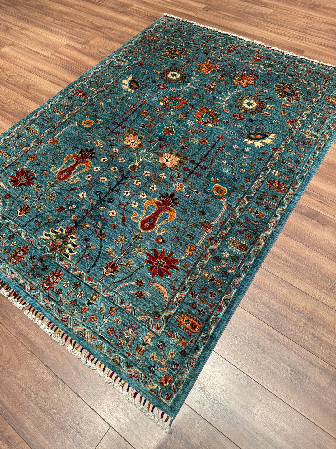 Sultani Çiçekli Orijinal El Dokuması Mavi Kök Boya Yün Halı 152x207 3.15 Metrekare - 5x6 ft