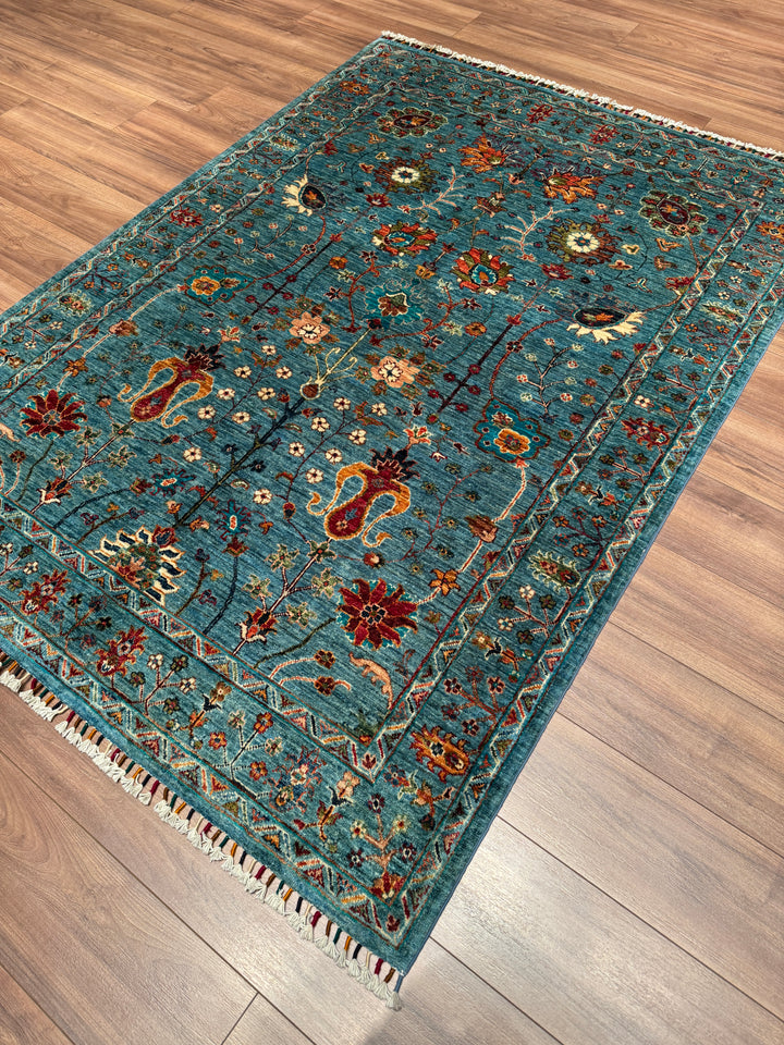 Sultani Çiçekli Orijinal El Dokuması Mavi Kök Boya Yün Halı 152x207 3.15 Metrekare - 5x6 ft