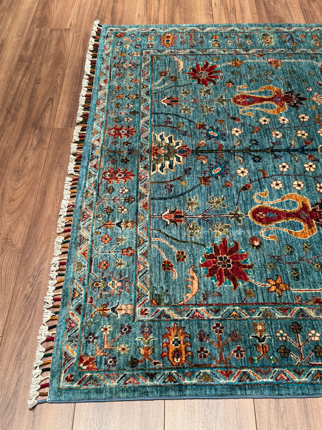 Sultani Çiçekli Orijinal El Dokuması Mavi Kök Boya Yün Halı 152x207 3.15 Metrekare - 5x6 ft