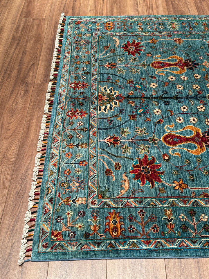 Sultani Çiçekli Orijinal El Dokuması Mavi Kök Boya Yün Halı 152x207 3.15 Metrekare - 5x6 ft