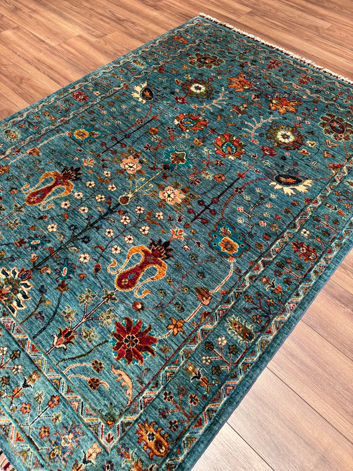 Sultani Çiçekli Orijinal El Dokuması Mavi Kök Boya Yün Halı 152x207 3.15 Metrekare - 5x6 ft
