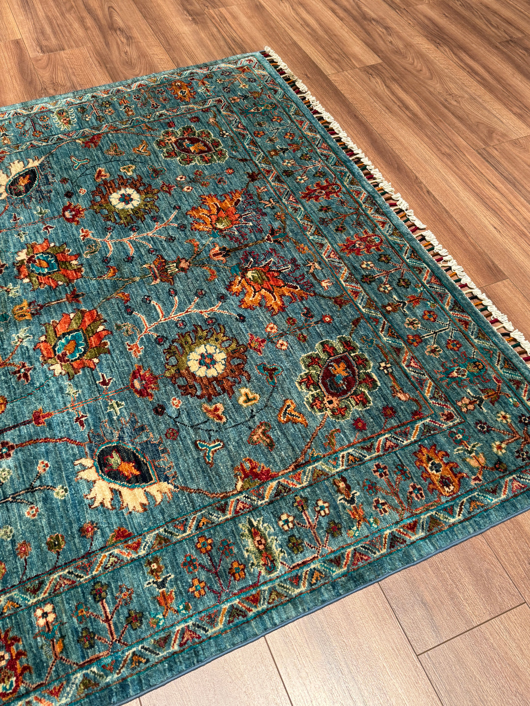 Sultani Çiçekli Orijinal El Dokuması Mavi Kök Boya Yün Halı 152x207 3.15 Metrekare - 5x6 ft
