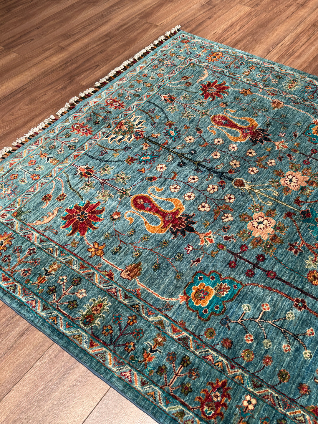 Sultani Çiçekli Orijinal El Dokuması Mavi Kök Boya Yün Halı 152x207 3.15 Metrekare - 5x6 ft