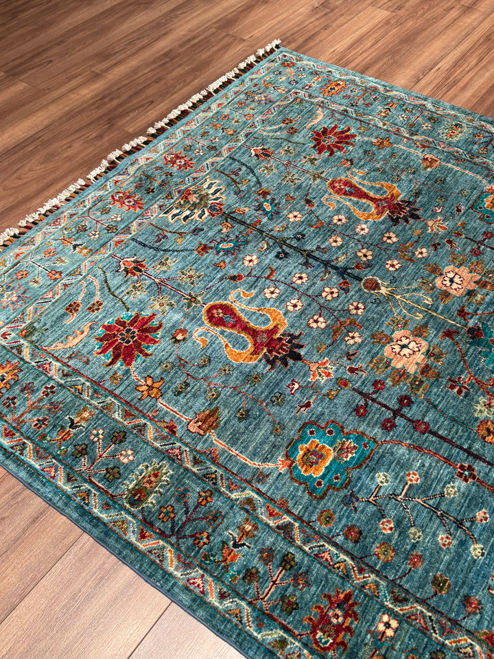 Sultani Çiçekli Orijinal El Dokuması Mavi Kök Boya Yün Halı 152x207 3.15 Metrekare - 5x6 ft