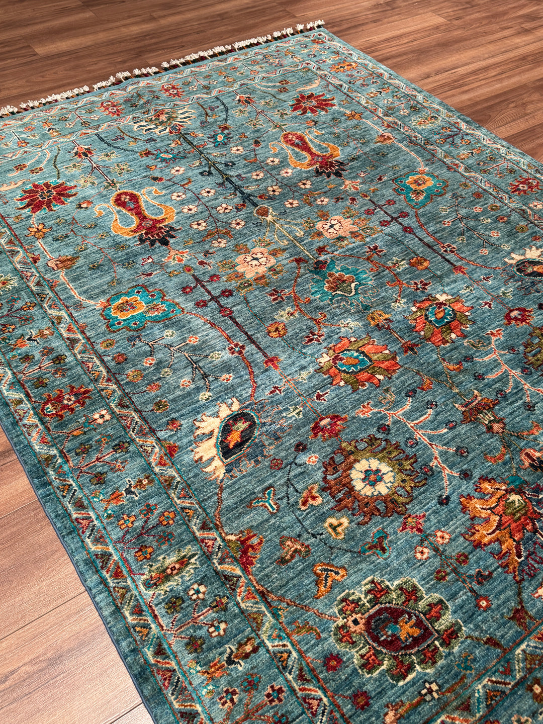 Sultani Çiçekli Orijinal El Dokuması Mavi Kök Boya Yün Halı 152x207 3.15 Metrekare - 5x6 ft