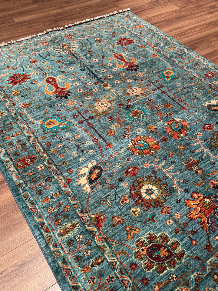 Sultani Çiçekli Orijinal El Dokuması Mavi Kök Boya Yün Halı 152x207 3.15 Metrekare - 5x6 ft