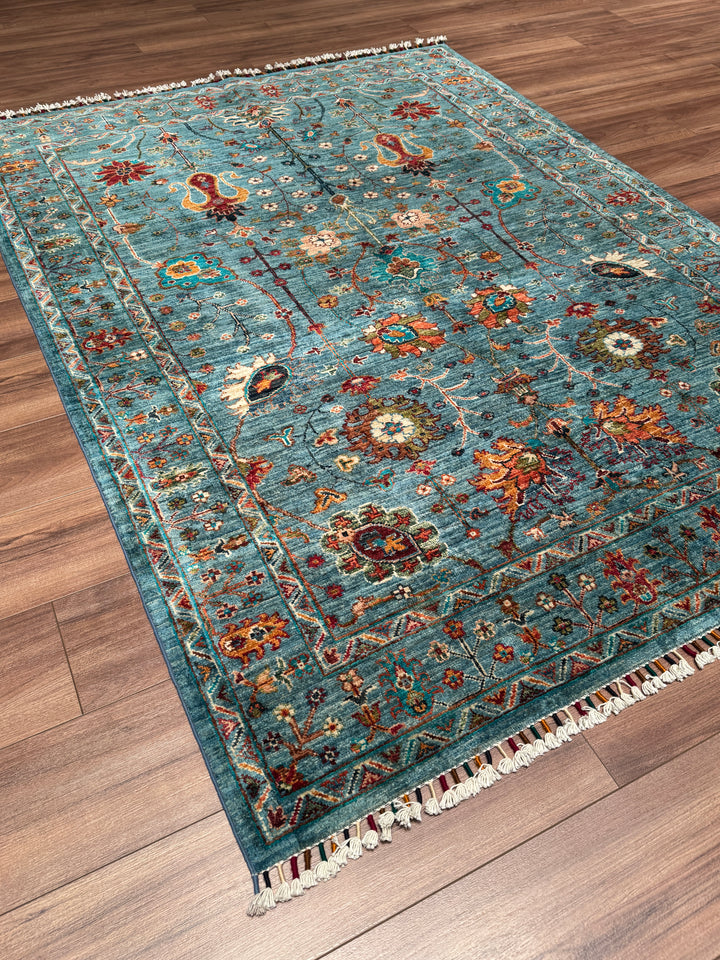 Sultani Çiçekli Orijinal El Dokuması Mavi Kök Boya Yün Halı 152x207 3.15 Metrekare - 5x6 ft