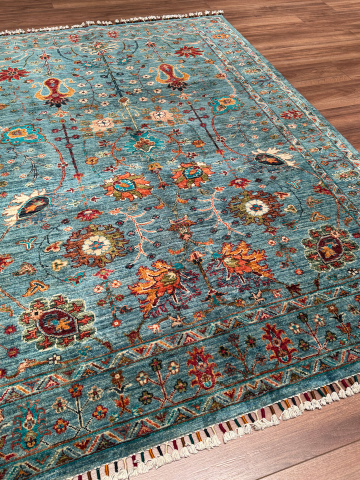 Sultani Çiçekli Orijinal El Dokuması Mavi Kök Boya Yün Halı 152x207 3.15 Metrekare - 5x6 ft