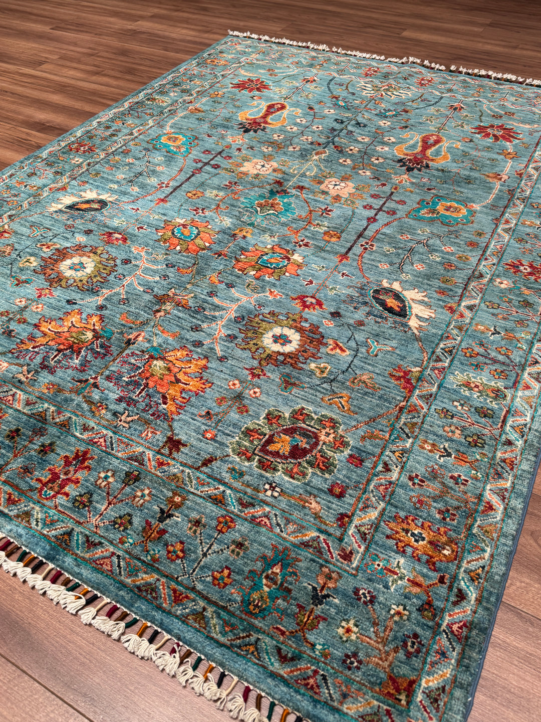 Sultani Çiçekli Orijinal El Dokuması Mavi Kök Boya Yün Halı 152x207 3.15 Metrekare - 5x6 ft
