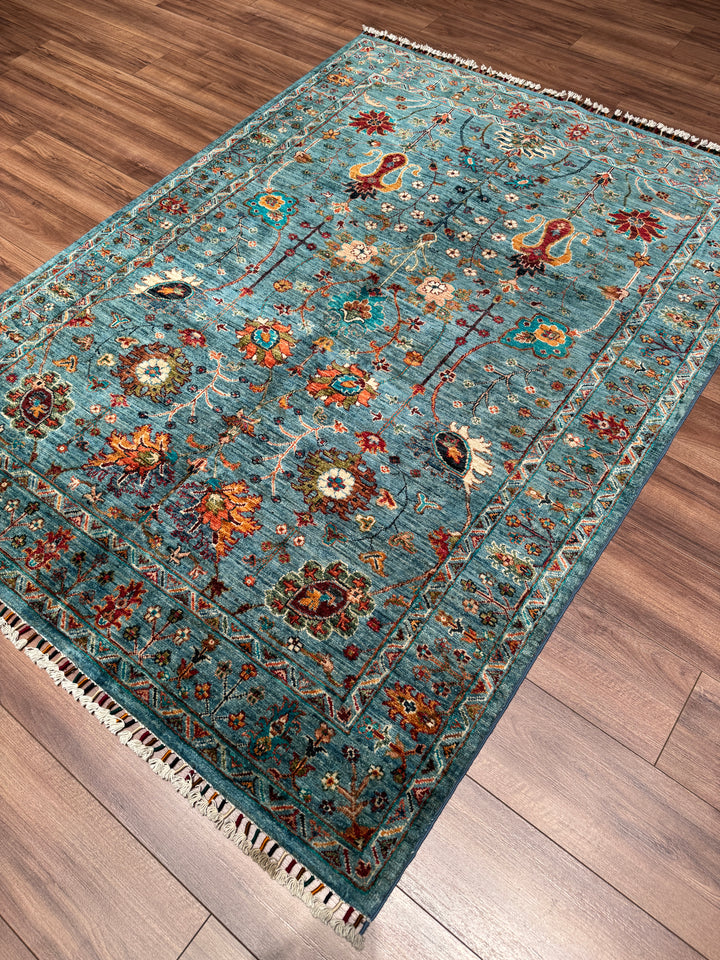 Sultani Çiçekli Orijinal El Dokuması Mavi Kök Boya Yün Halı 152x207 3.15 Metrekare - 5x6 ft