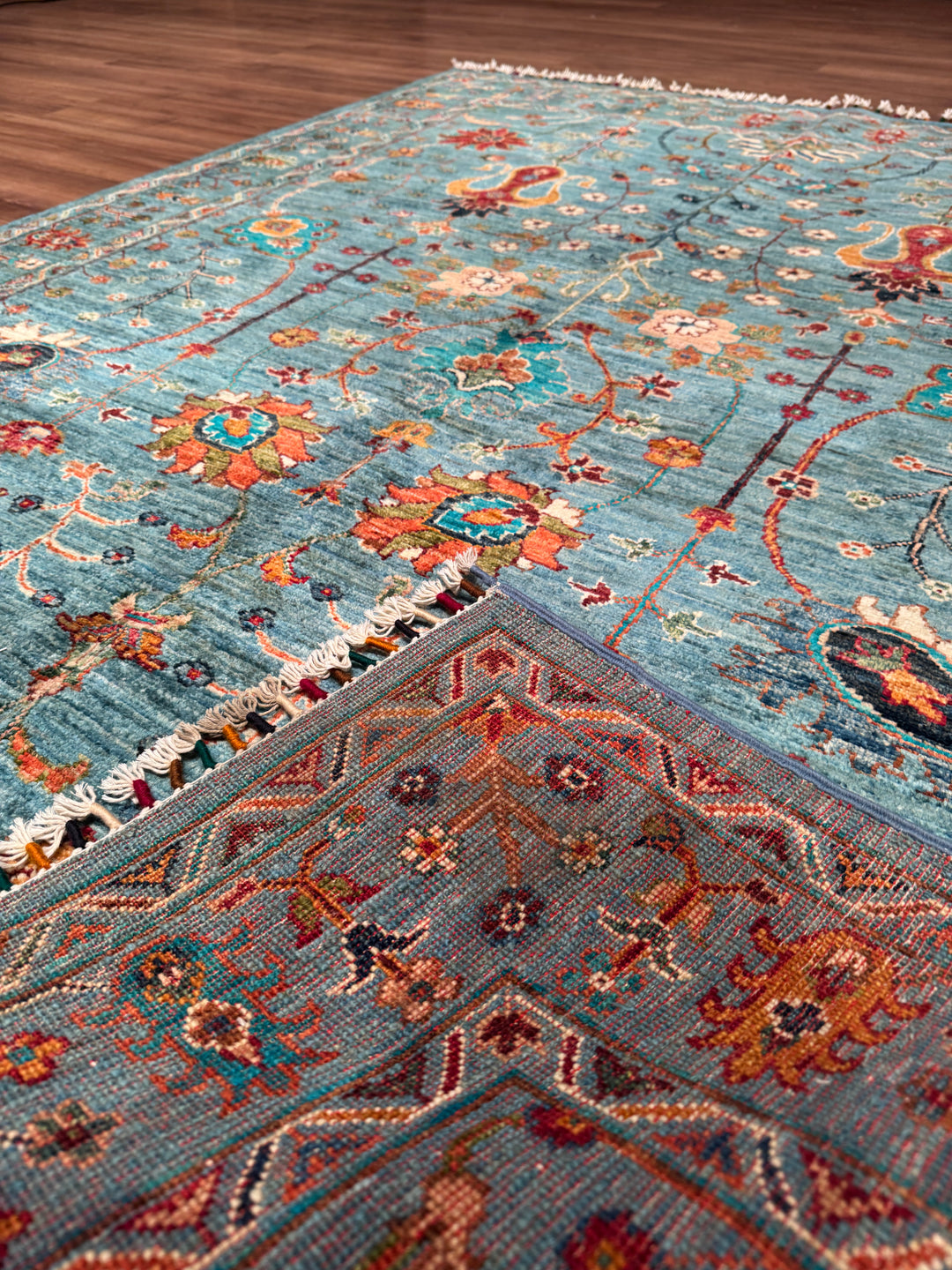 Sultani Çiçekli Orijinal El Dokuması Mavi Kök Boya Yün Halı 152x207 3.15 Metrekare - 5x6 ft