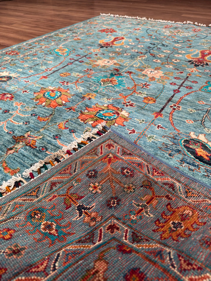 Sultani Çiçekli Orijinal El Dokuması Mavi Kök Boya Yün Halı 152x207 3.15 Metrekare - 5x6 ft