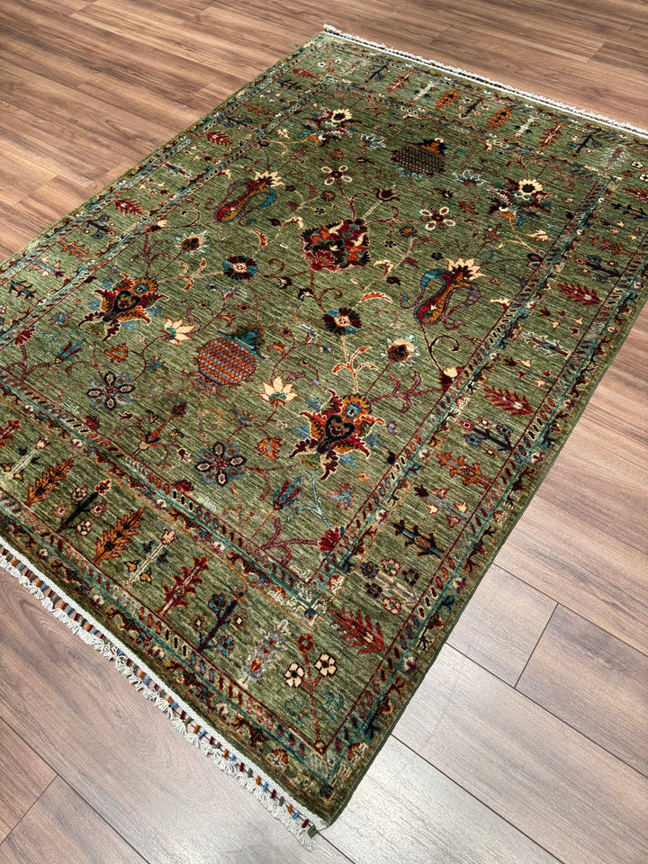 Sultani Binbirgece Orijinal El Dokuması Yeşil Kök Boya Yün Halı 156x212 3.31 Metrekare - 5x6 ft