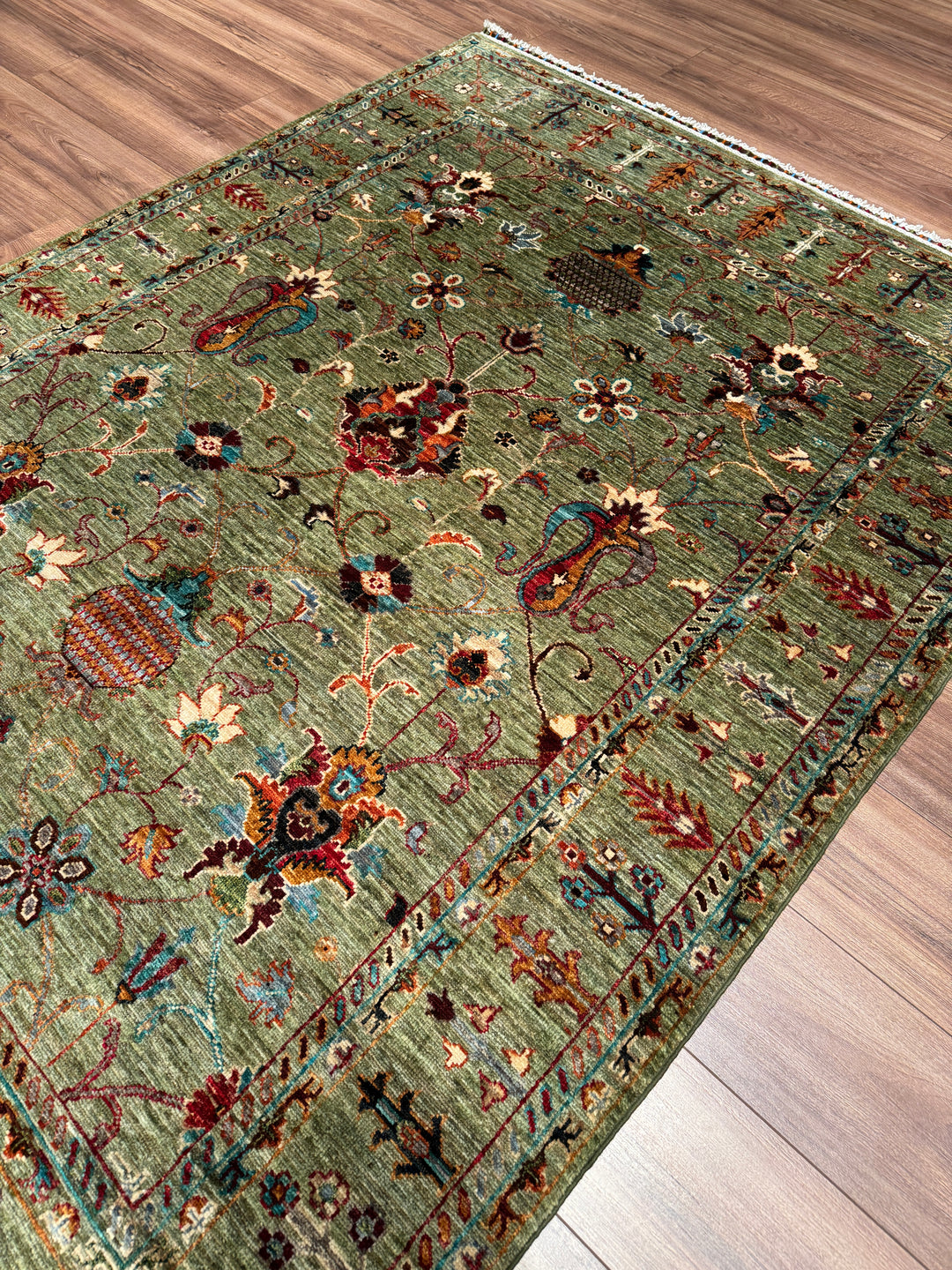 Sultani Binbirgece Orijinal El Dokuması Yeşil Kök Boya Yün Halı 156x212 3.31 Metrekare - 5x6 ft