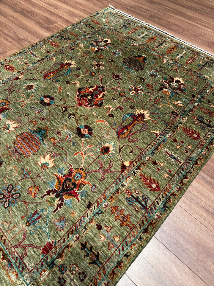 Sultani Binbirgece Orijinal El Dokuması Yeşil Kök Boya Yün Halı 156x212 3.31 Metrekare - 5x6 ft