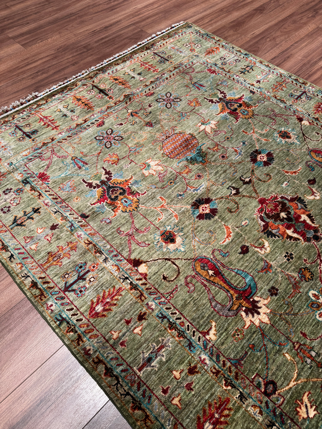 Sultani Binbirgece Orijinal El Dokuması Yeşil Kök Boya Yün Halı 156x212 3.31 Metrekare - 5x6 ft