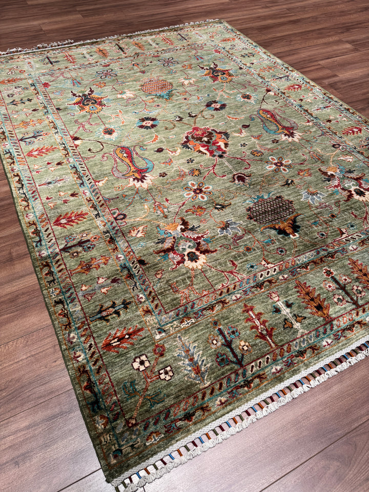 Sultani Binbirgece Orijinal El Dokuması Yeşil Kök Boya Yün Halı 156x212 3.31 Metrekare - 5x6 ft