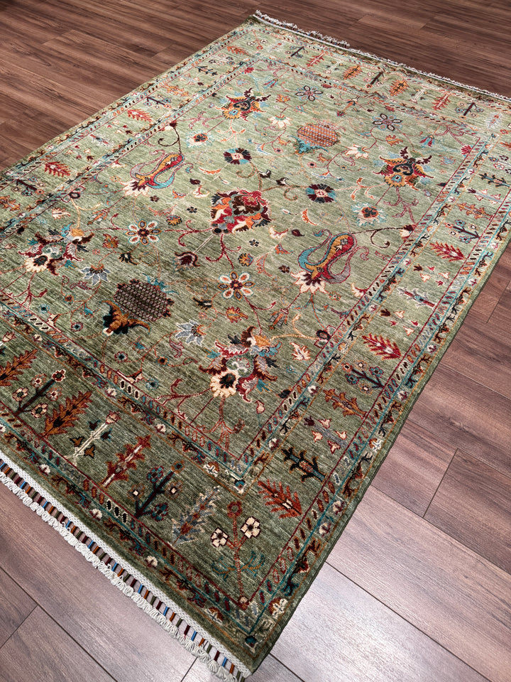 Sultani Binbirgece Orijinal El Dokuması Yeşil Kök Boya Yün Halı 156x212 3.31 Metrekare - 5x6 ft