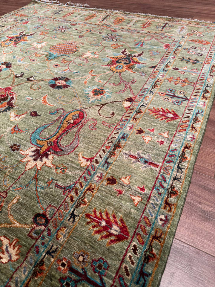 Sultani Binbirgece Orijinal El Dokuması Yeşil Kök Boya Yün Halı 156x212 3.31 Metrekare - 5x6 ft