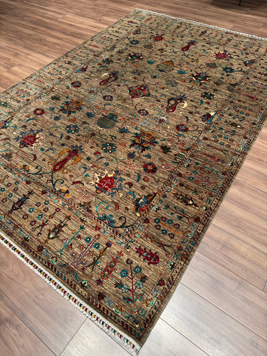 Sultani Binbirgece Orijinal El Dokuması Bej Kök Boya Yün Halı 211x303 6.39 Metrekare - 7x10 ft