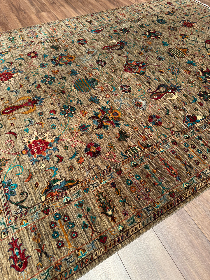 Sultani Binbirgece Orijinal El Dokuması Bej Kök Boya Yün Halı 211x303 6.39 Metrekare - 7x10 ft