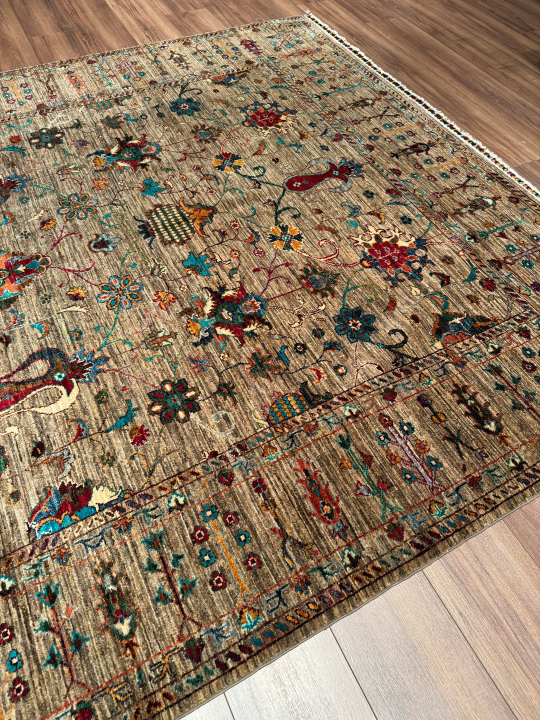 Sultani Binbirgece Orijinal El Dokuması Bej Kök Boya Yün Halı 211x303 6.39 Metrekare - 7x10 ft