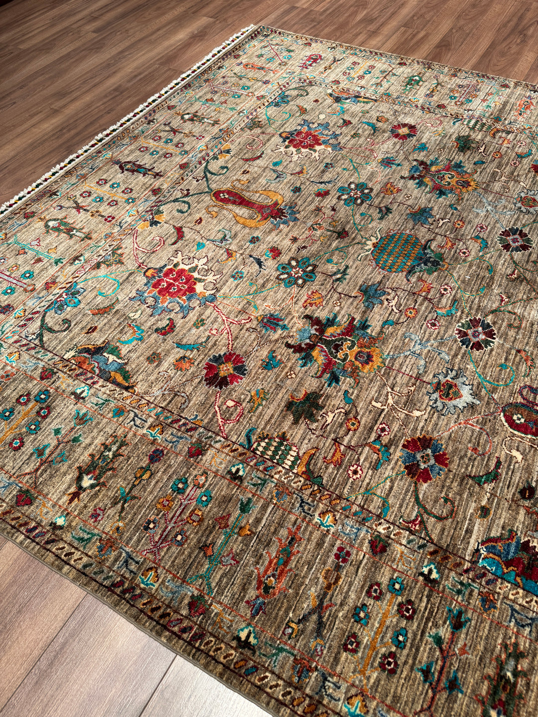 Sultani Binbirgece Orijinal El Dokuması Bej Kök Boya Yün Halı 211x303 6.39 Metrekare - 7x10 ft