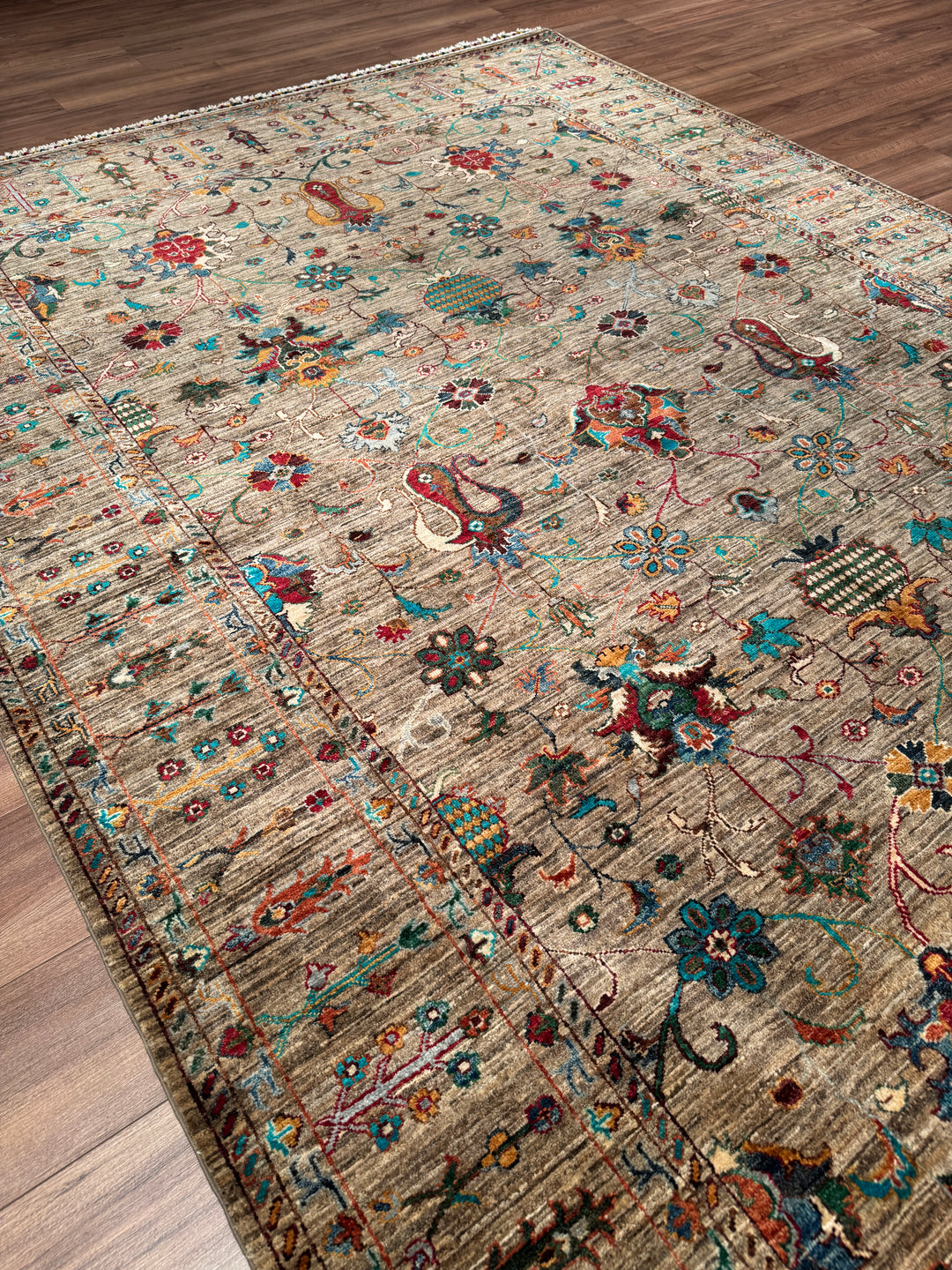 Sultani Binbirgece Orijinal El Dokuması Bej Kök Boya Yün Halı 211x303 6.39 Metrekare - 7x10 ft