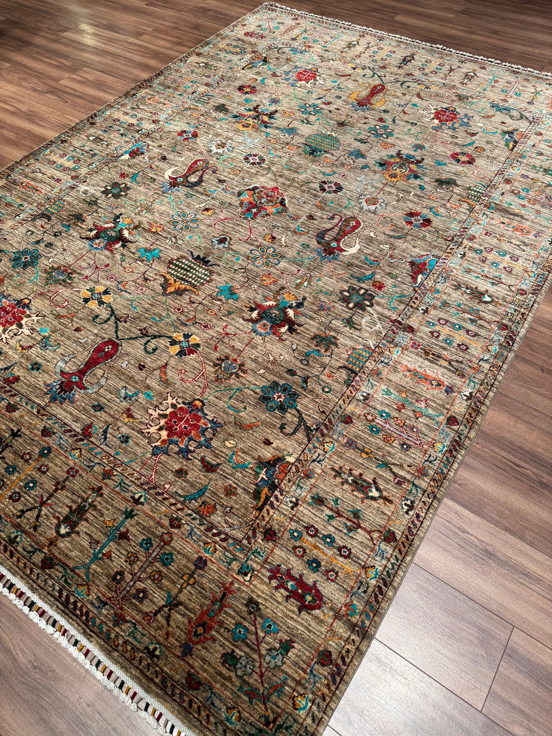 Sultani Binbirgece Orijinal El Dokuması Bej Kök Boya Yün Halı 211x303 6.39 Metrekare - 7x10 ft