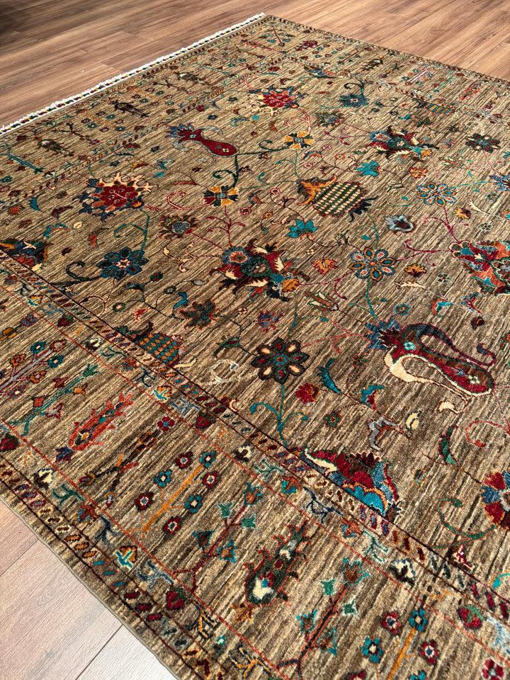Sultani Binbirgece Orijinal El Dokuması Bej Kök Boya Yün Halı 211x303 6.39 Metrekare - 7x10 ft